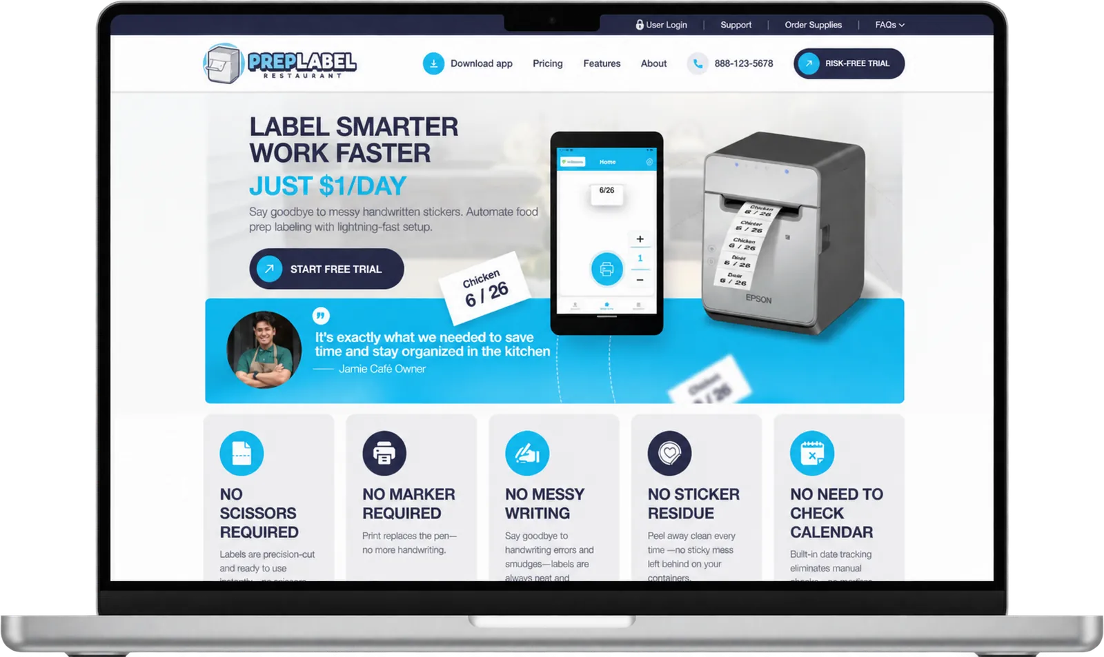 PrepLabel website displayed on a laptop