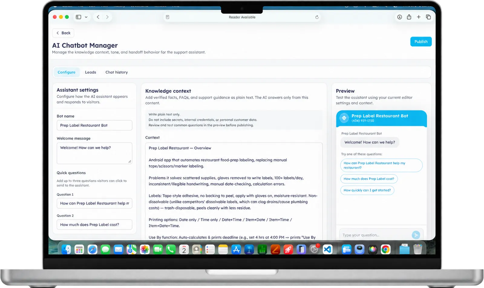 PrepLabel AI Chatbot Manager on a laptop