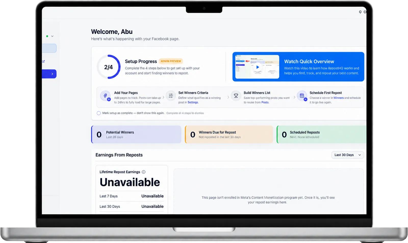 RepostHQ dashboard displayed on a laptop
